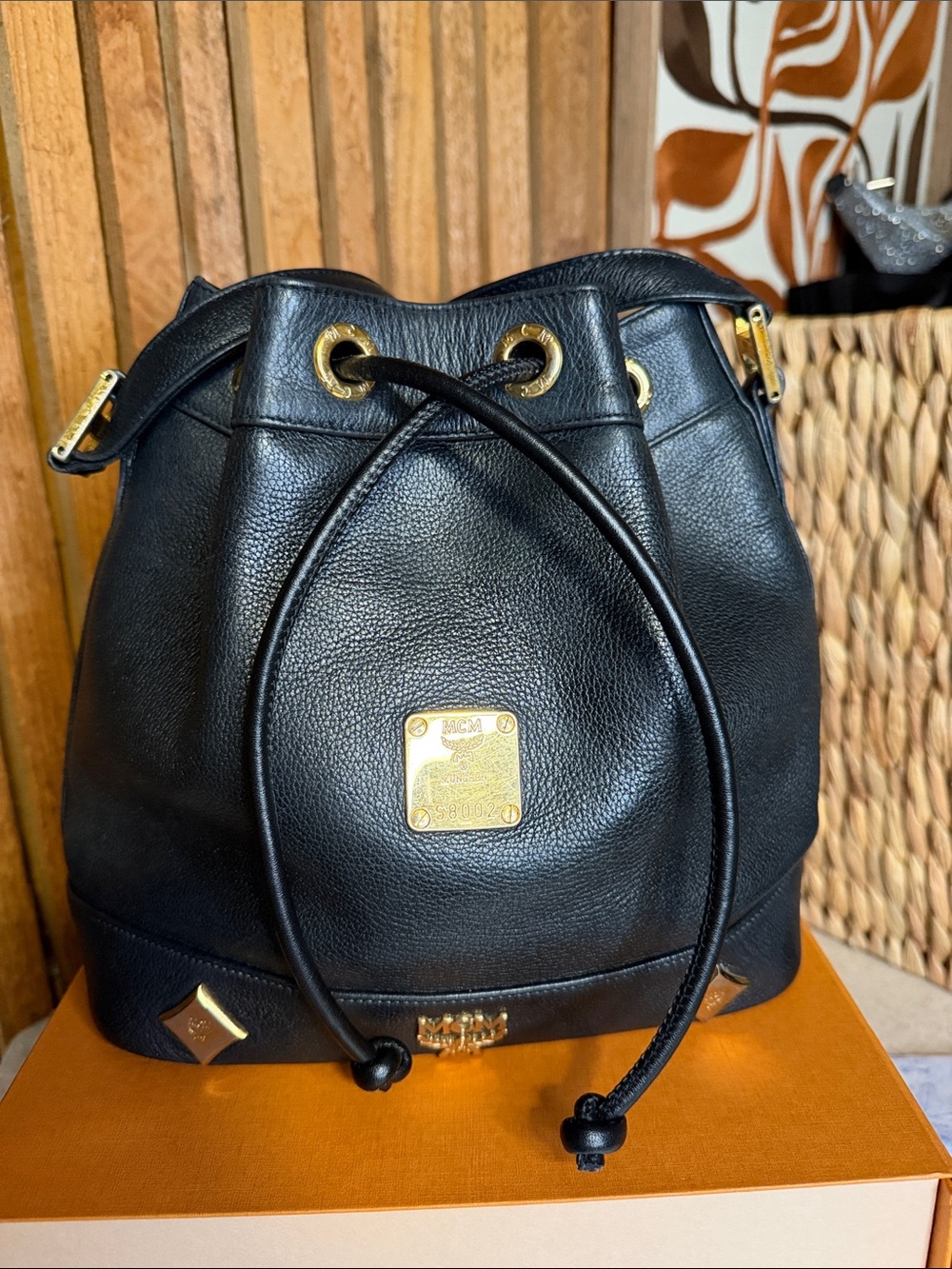 MCM Black Pebbled Leather Drawstring Bucket Bag with Gold Hardware
